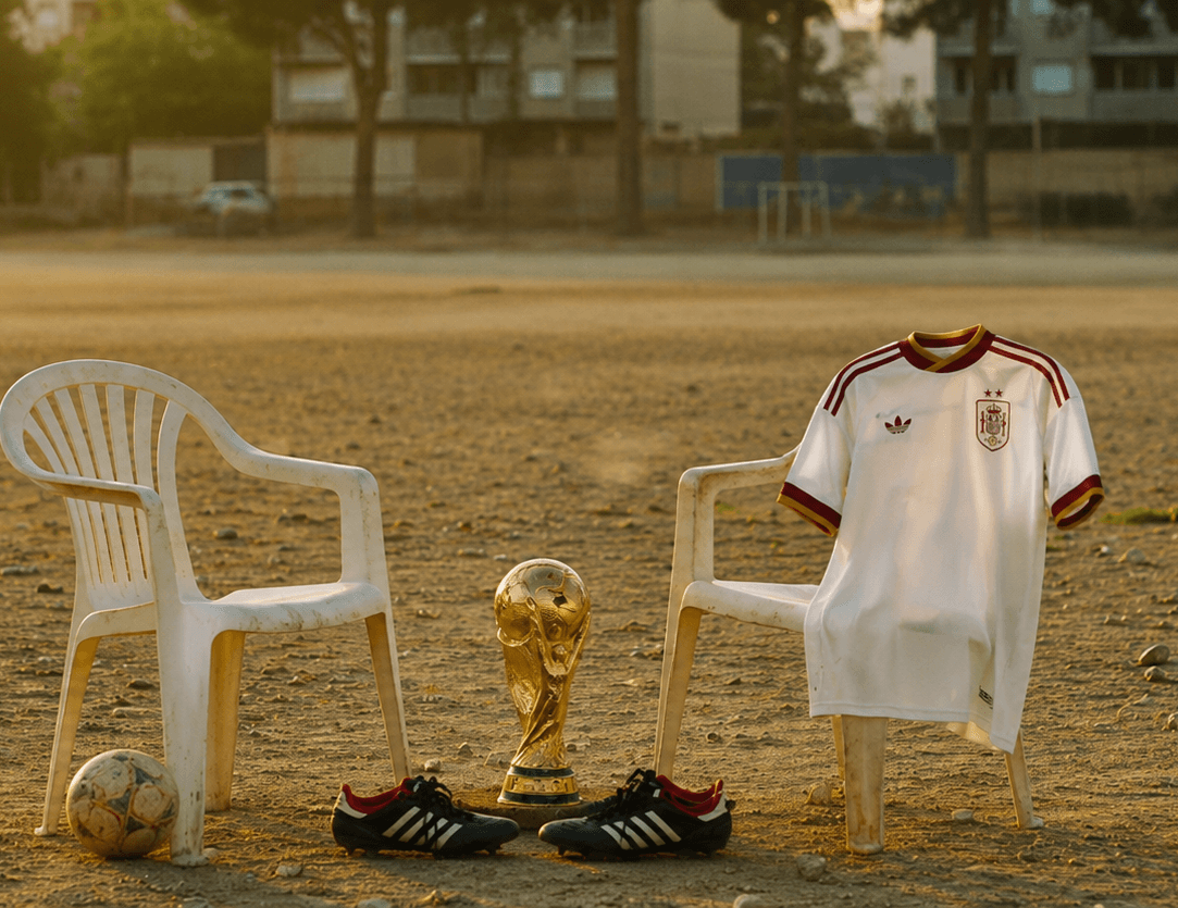 World Cup trophy and a national team jersey on a golden-hour pitch