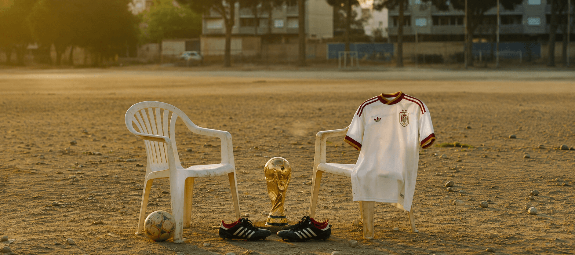 World Cup trophy and a national team jersey on a golden-hour pitch