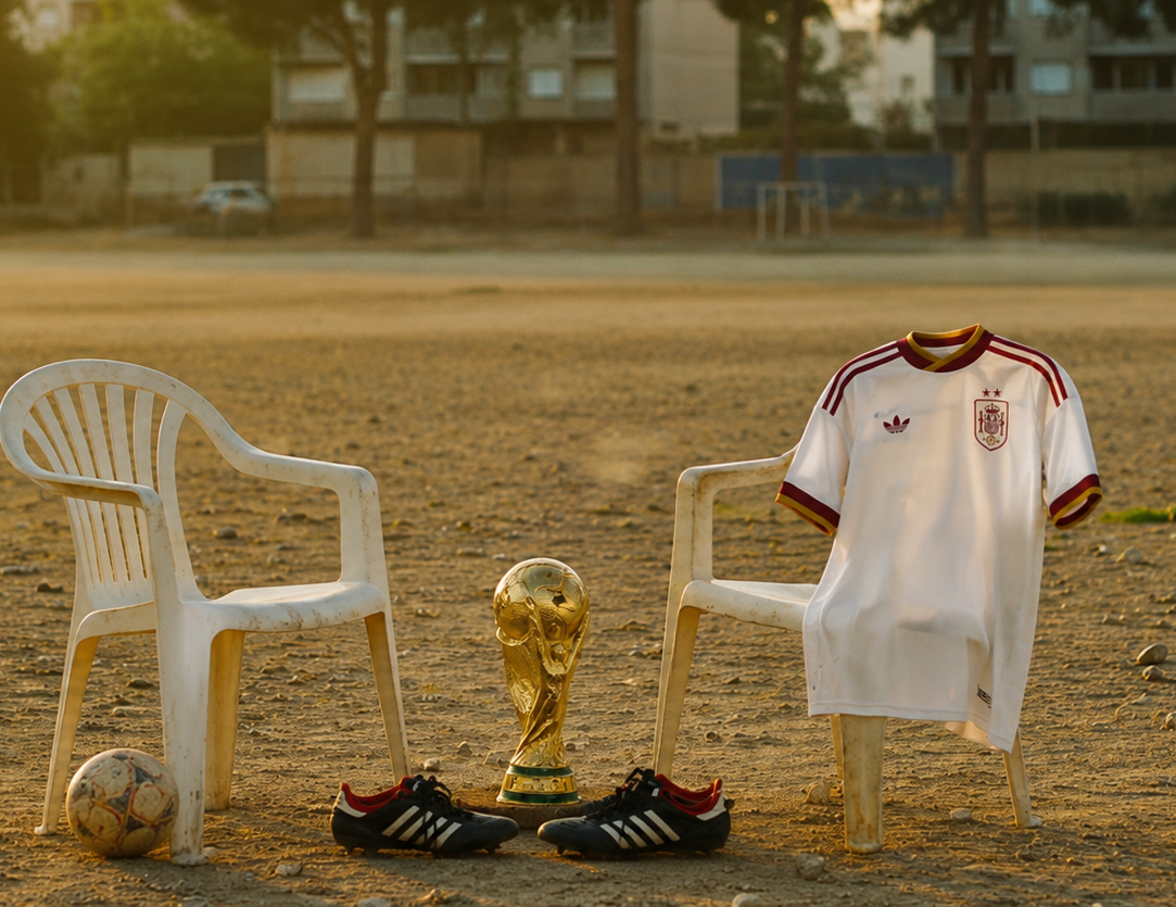 World Cup trophy and a national team jersey on a golden-hour pitch