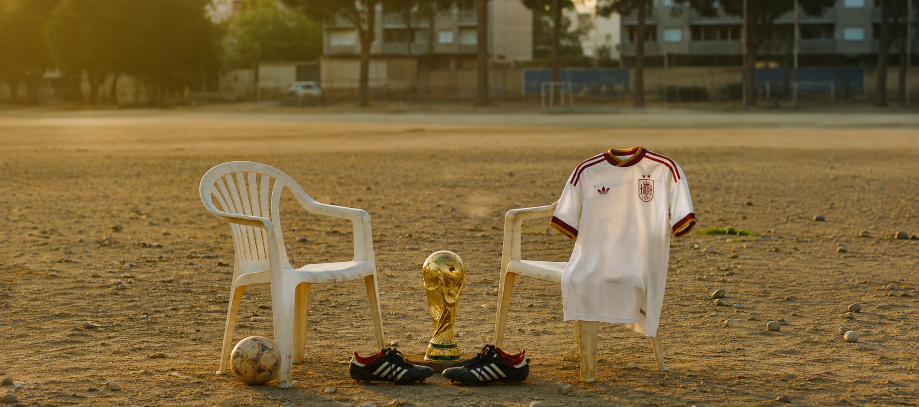 World Cup trophy and a national team jersey on a golden-hour pitch